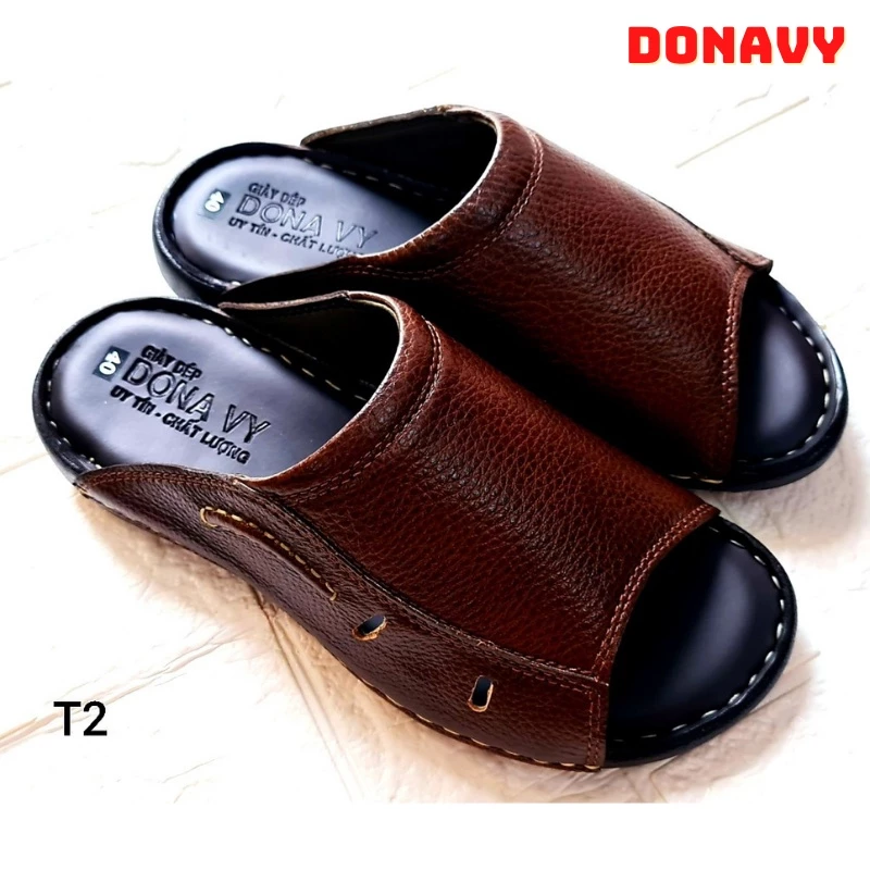 Dép Sa-Bo Quai Ngang Trơn Da Bò DONAVY Cao Cấp, Đế Cao Gần 3cm Mặt Da Mang Êm Chân (Đen+Nâu) D.SM