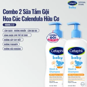 Combo 2 Sữa tắm gội dưỡng ẩm dịu lành cho bé Calendula hoa cúc hữu cơ CETAPHIL BABY W&SHAMPOO CALENDULA 400ML/chai