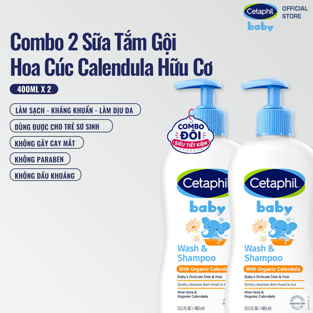 Combo 2 Sữa tắm gội dưỡng ẩm dịu lành cho bé Calendula hoa cúc hữu cơ CETAPHIL BABY W&SHAMPOO CALENDULA 400ML/chai