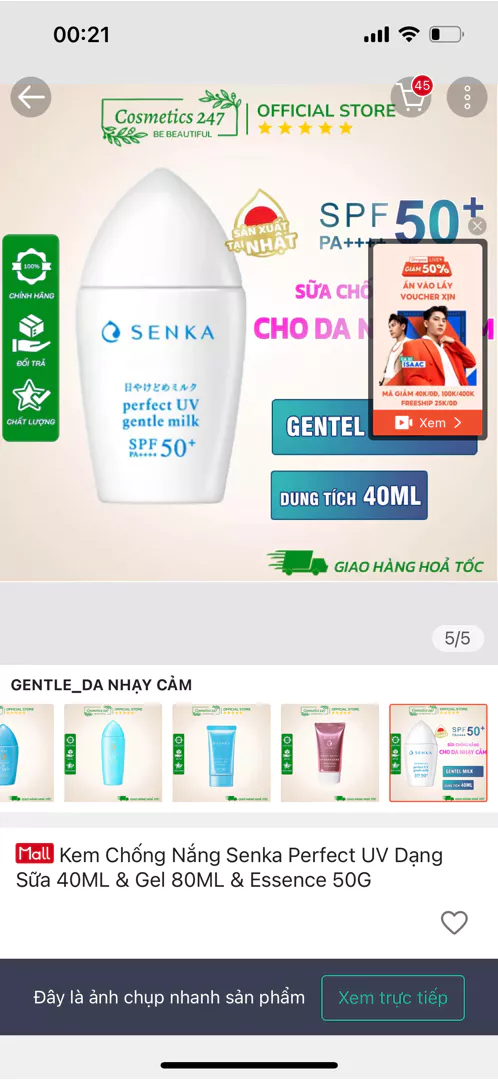 Kem Chống Nắng Senka Perfect UV Dạng Sữa 40ML & Gel 80ML & Essence 50G