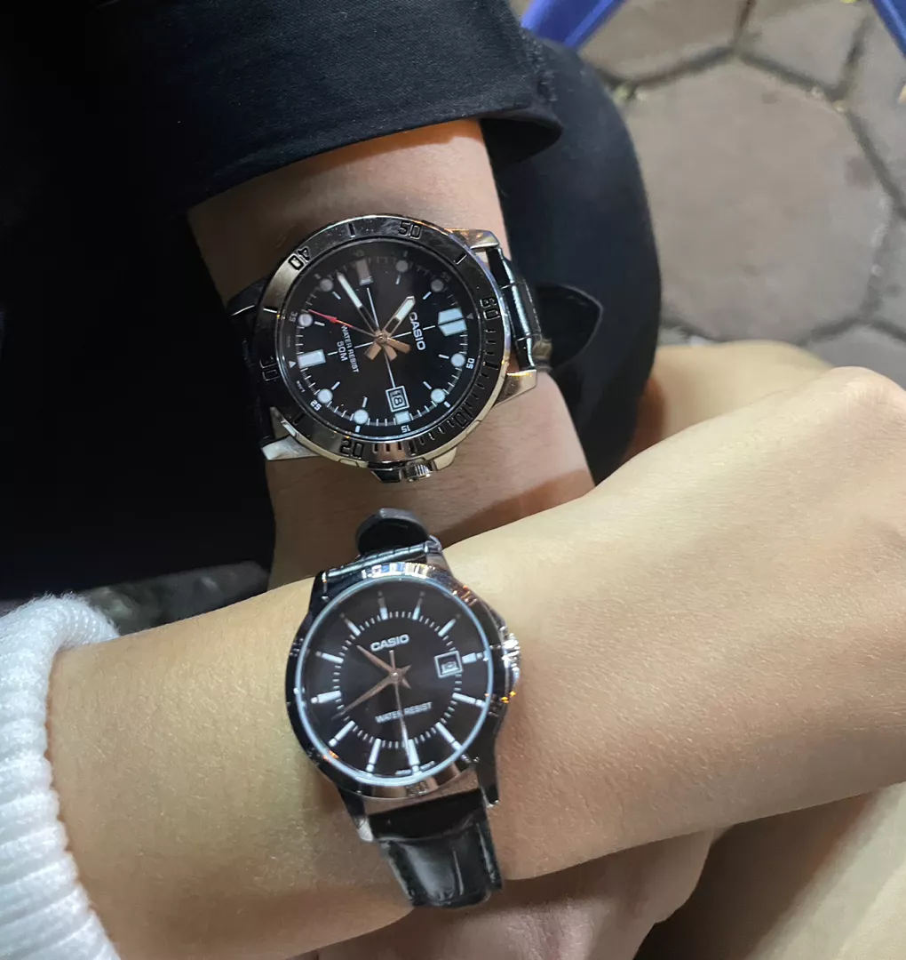 Đồng hồ đôi nam nữ dây da Casio Anh Khuê MTP/LTP V004L-1A