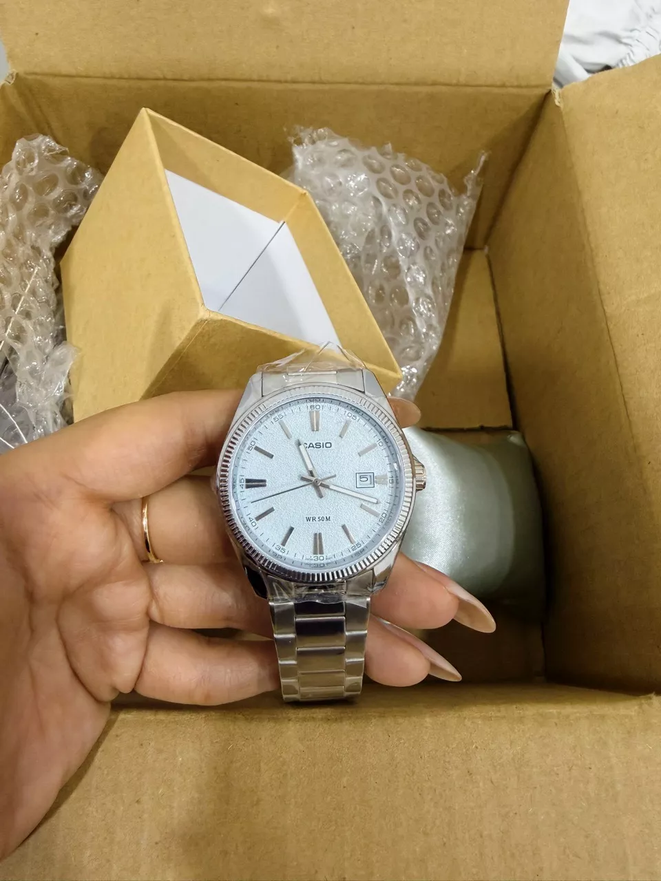 (Chính Hãng) Đồng Hồ Nam Casio MTP-1302DA-2A2 Xanh Ice Blue Vân Đá Size 38.5 - Bảo Hành 7 Năm