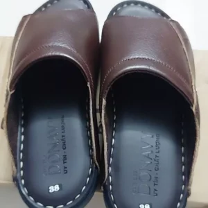 Dép Sa-Bo Quai Ngang Trơn Da Bò DONAVY Cao Cấp, Đế Cao Gần 3cm Mặt Da Mang Êm Chân (Đen+Nâu) D.SM