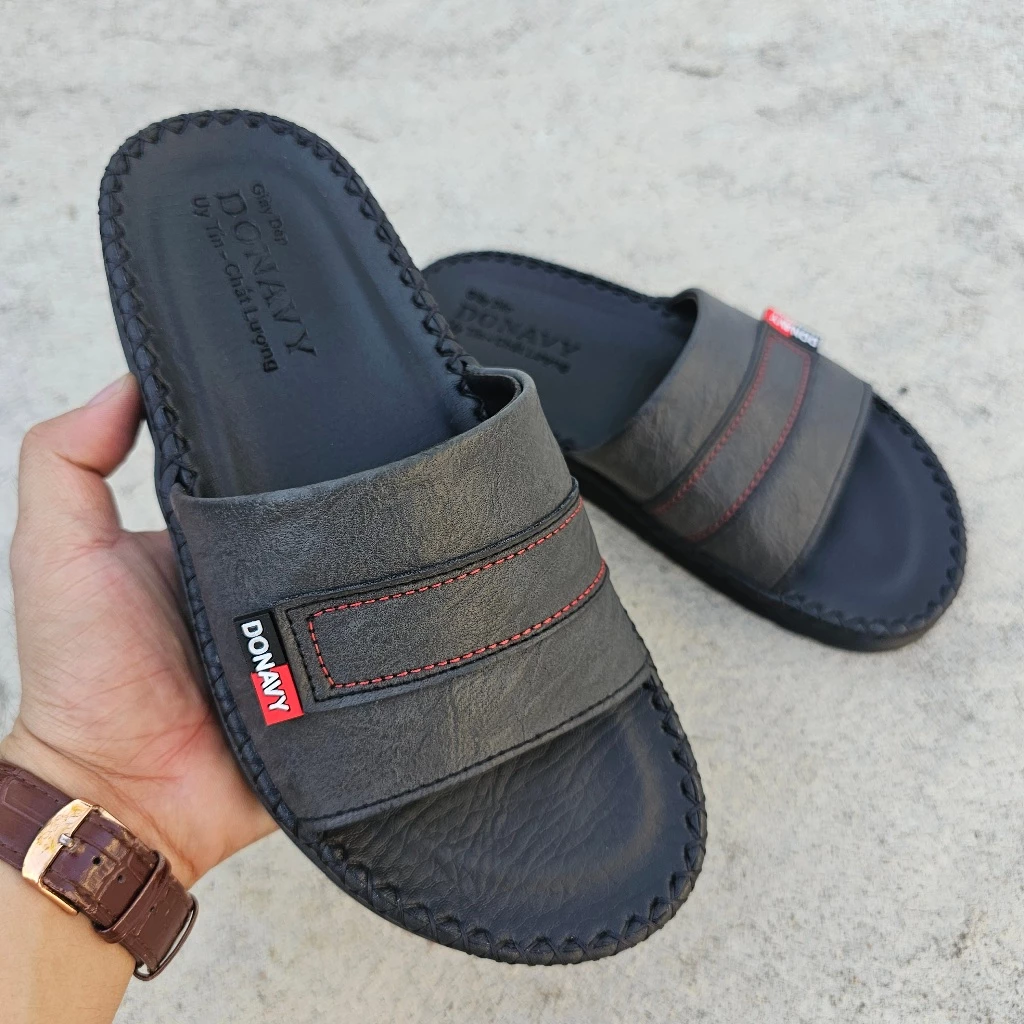 Dép Quai Ngang Nam Da DONAVY Cao Cấp, Quai Phối Kiểu Thời Trang D.3CN+ZIP
