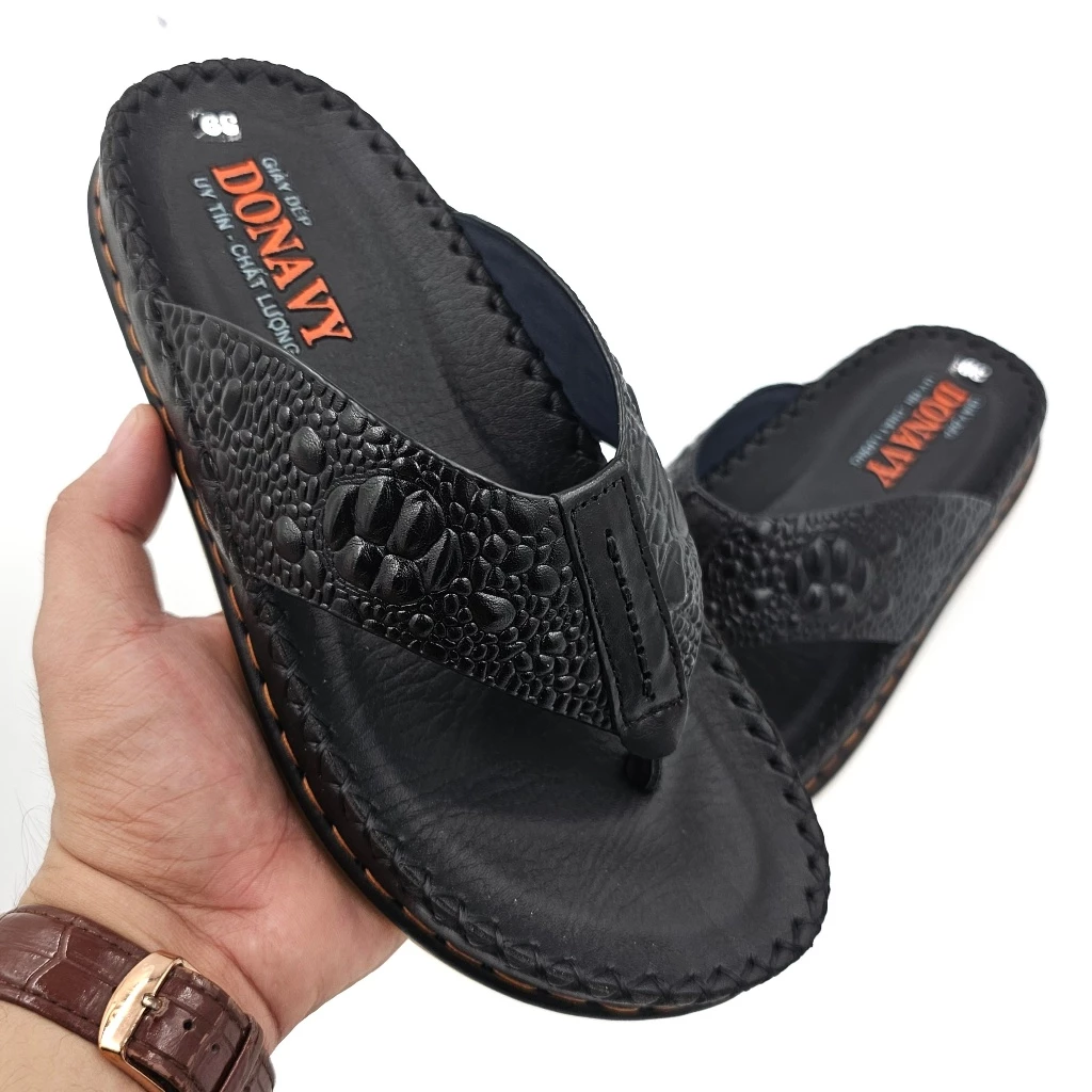 Dép Kẹp Nam Da Bò Thật 100% Donavy Cao Cấp, May 02 Lần Full Handmade Chắc Chắn (Đen+Nâu+Bò) D.KBXIT