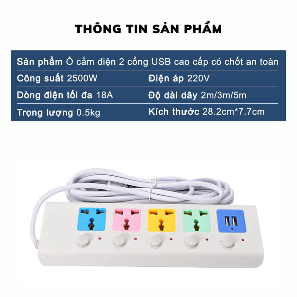 Ổ Cắm METIS 2500W Chống Giật: Dây 4m, 2 Cổng USB Cao Cấp