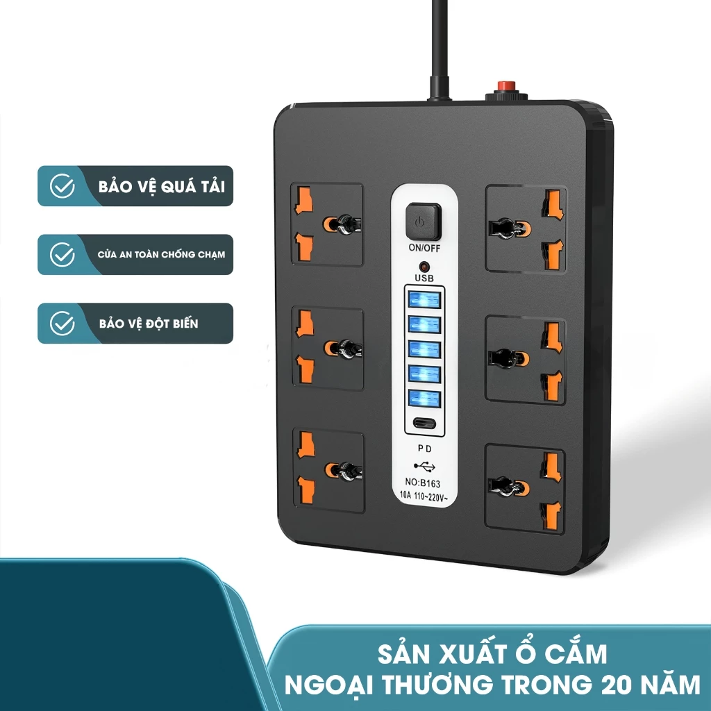 Ổ Cắm Điện WANDA 2500W - 6 Ổ Cắm, 6 Cổng USB & Type-C Sạc Nhanh PD - Image 3