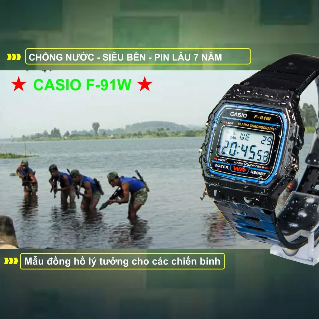 Đồng Hồ Nam Casio F-91W1 .a., Chống Nước Tuyệt Đối, Chất Liệu Siêu Bền, Pin Lâu 7 Năm