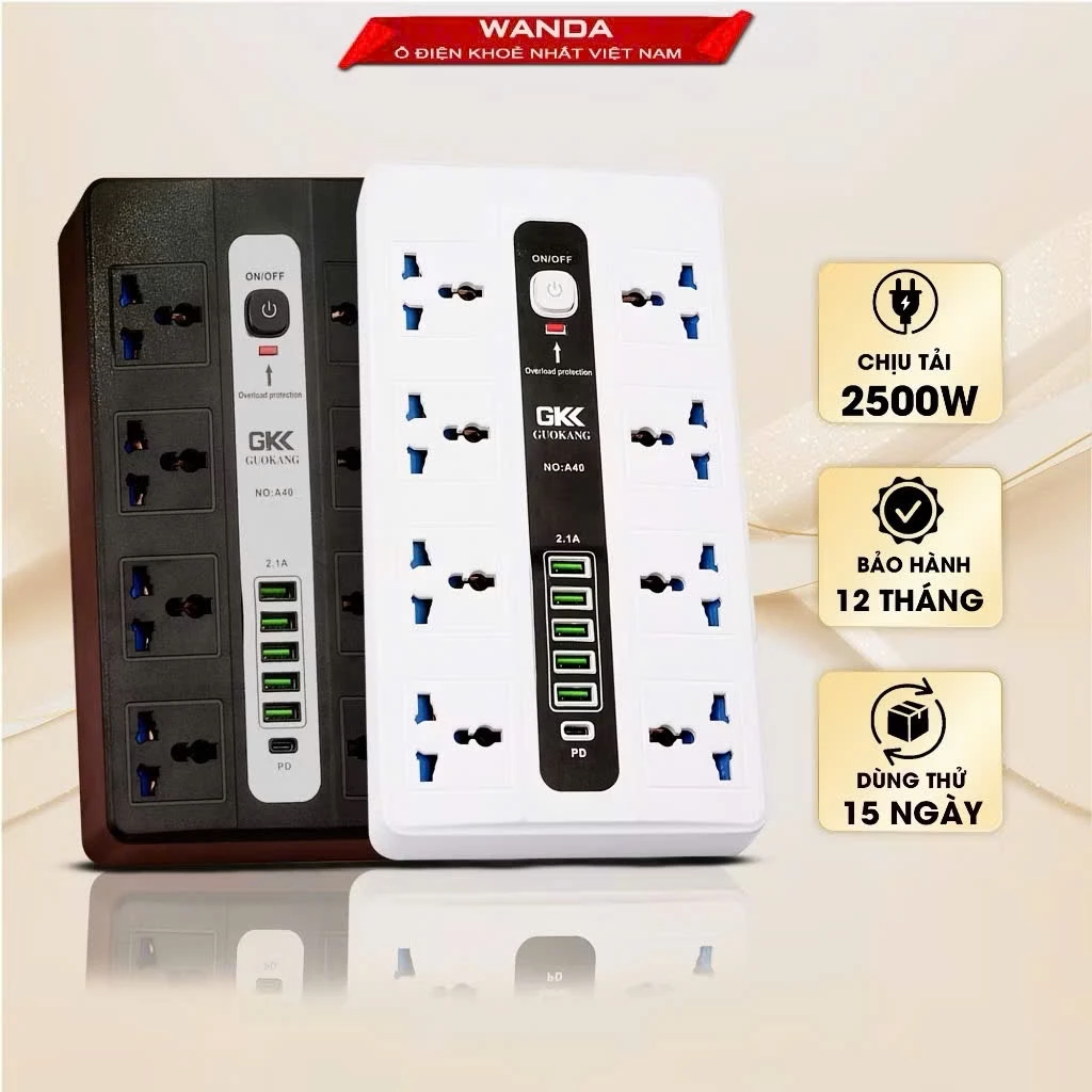 Ổ Cắm Điện WANDA 2500W - 6 Ổ Cắm, 6 Cổng USB & Type-C Sạc Nhanh PD