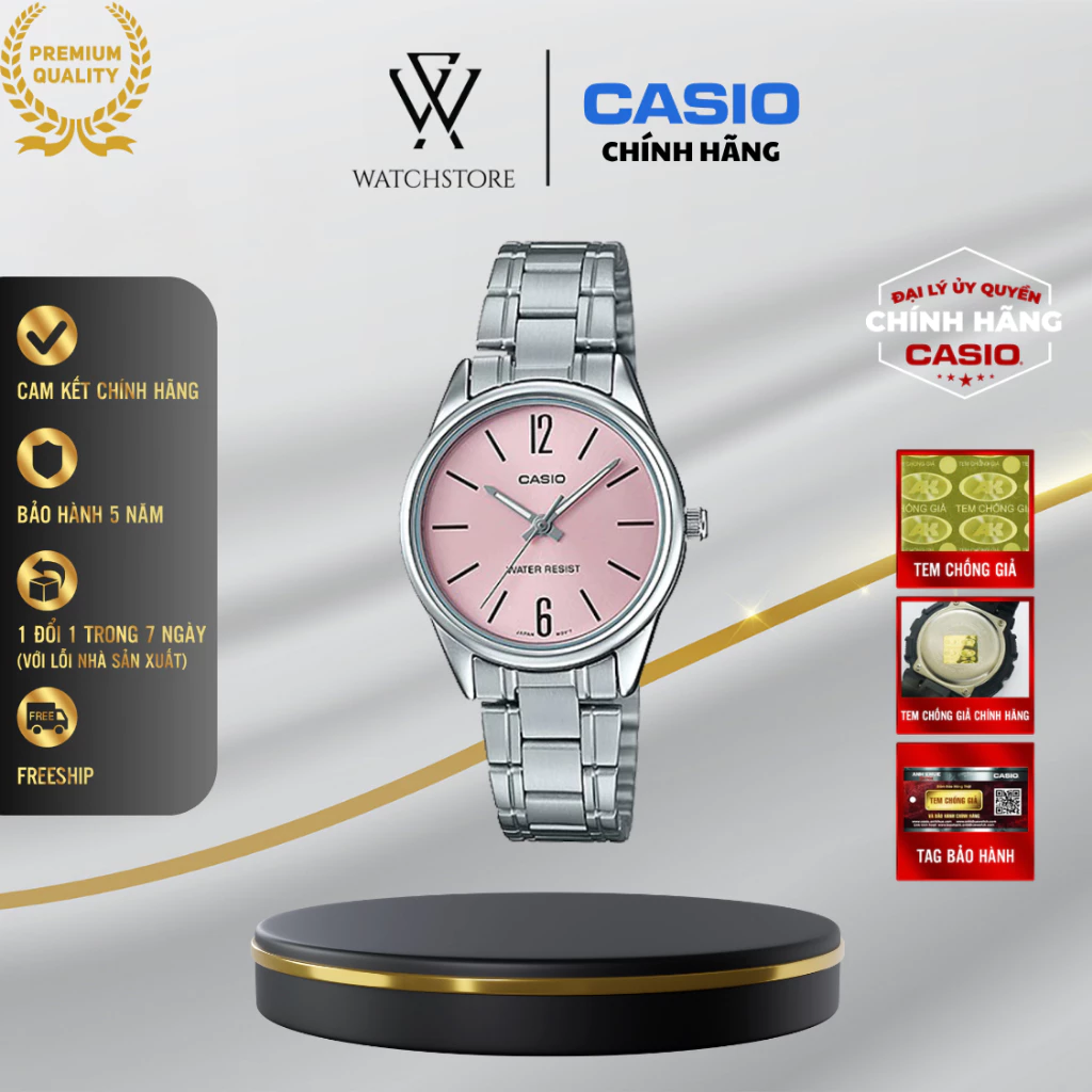 Đồng Hồ Casio Nữ LTP-V005D-4BUDF Màu Hồng Kim Bạc Dạ Quang Kính Khoáng 28.2mm Chống Nước Dây Kim Loại Không Gỉ