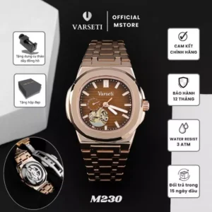 Đồng Hồ Nam Varseti Chạy Máy Cơ Viền Đính Đá Lộ Cơ Dây Thép Đúc Đặc Mạ Vàng Hồng