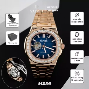 Đồng Hồ Nam Varseti M256 Máy Cơ Mặt Xanh Lục Viền Đá Lộ Cơ Góc 9h Dây Thép Đúc Đặc Mạ vàng Hồng