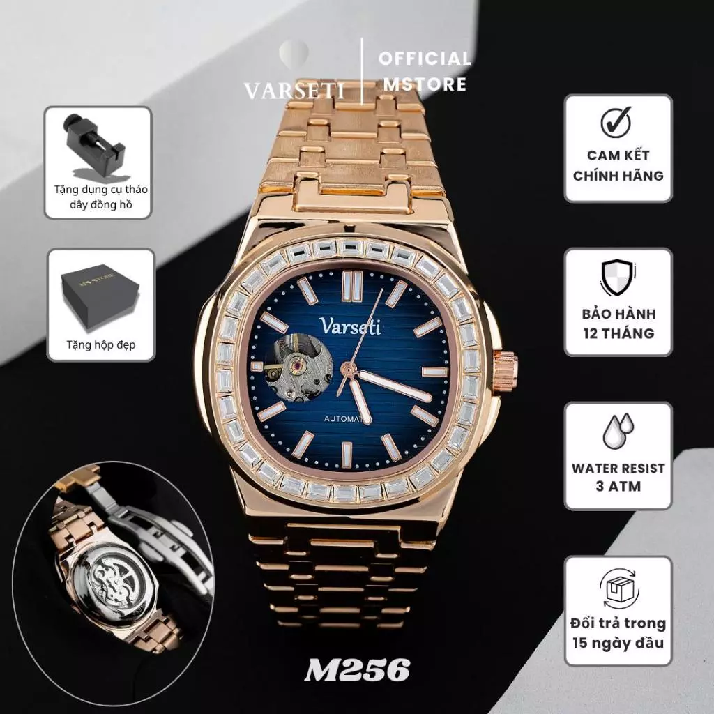 Đồng Hồ Nam Varseti M256 Máy Cơ Mặt Xanh Lục Viền Đá Lộ Cơ Góc 9h Dây Thép Đúc Đặc Mạ vàng Hồng