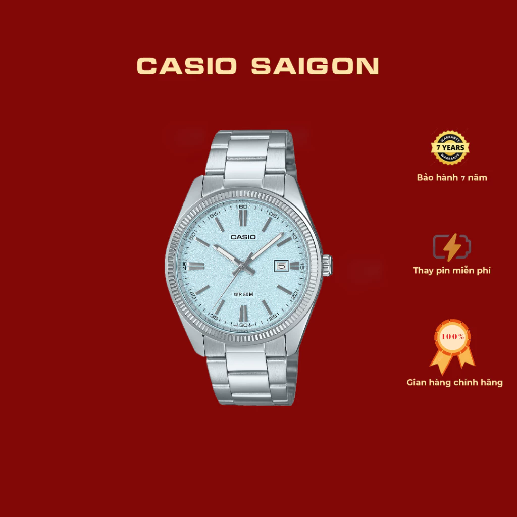 (Chính Hãng) Đồng Hồ Nam Casio MTP-1302DA-2A2 Xanh Ice Blue Vân Đá Size 38.5 - Bảo Hành 7 Năm