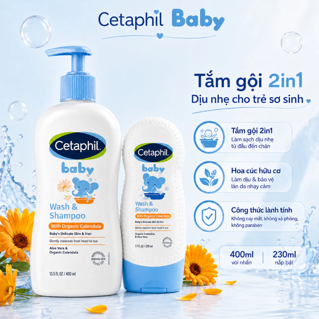 Sữa tắm gội Cetaphil Baby Wash & Shampoo with Organic Calendula 400ML & 230ML