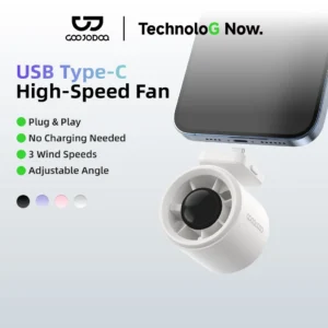 Quạt Mini Type-C GOOJODOQ Cắm Là Mát, Động Cơ 15573 RPM, Gió Mạnh 9.7 m/s,3 Cấp Độ,Xoay 180°,Nhẹ 43g