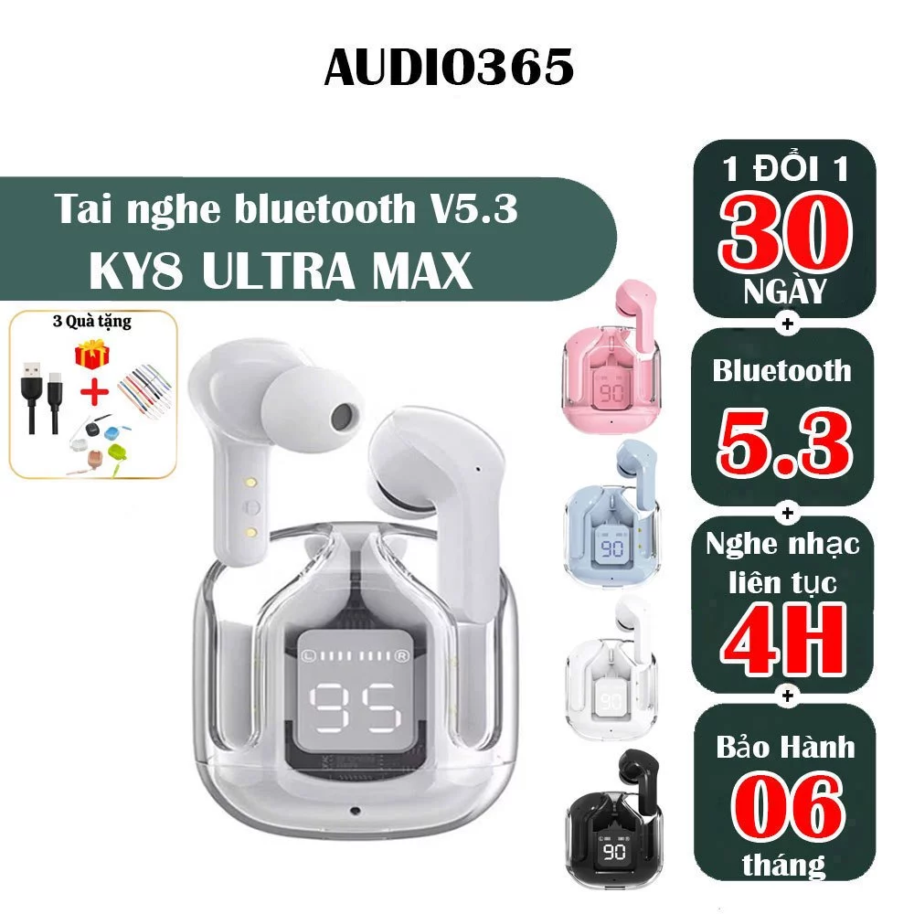 Tai nghe không dây KY8 Ultra Max bản quốc tế, cảm ứng, chống nước IPX7 - Audio365