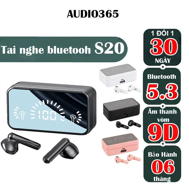 Tai nghe bluetooth không dây S20 cảm ứng, bass cực hay, siêu nhỏ gọn, pin trâu - AUDIO365