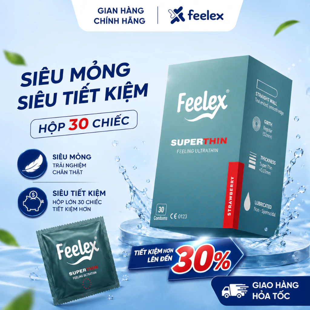 Bao cao su Hộp 30 chiếc Feelex Superthin siêu mỏng ôm sát nhiều gel hương dâu, hương nước hoa, hương vani