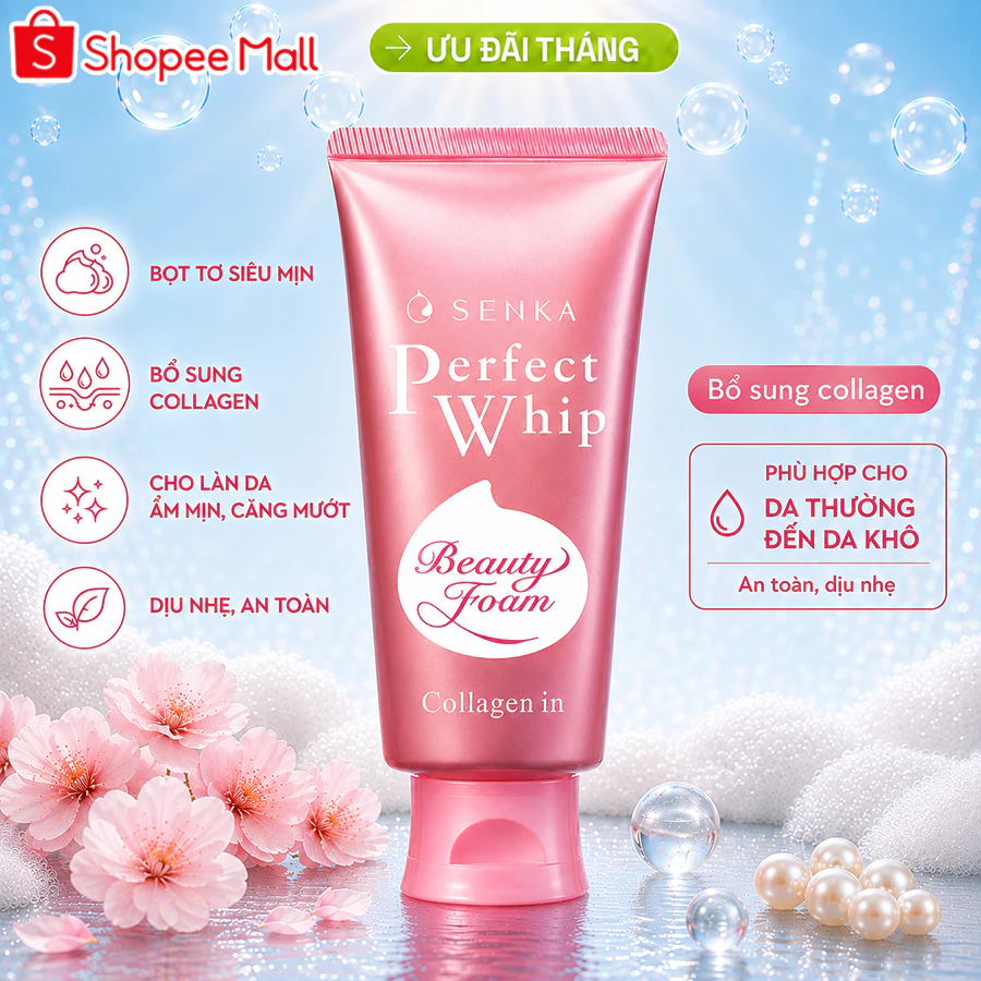 Sữa rửa mặt Collagen Senka Perfect Whip Collagen In 120G ngăn ngừa lão hóa giảm nếp nhăn