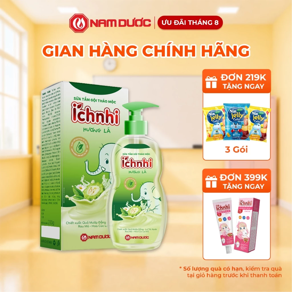 Sữa tắm gội thảo mộc Ích Nhi hương lá, chai 200ml, giúp làm sạch da và tóc trẻ