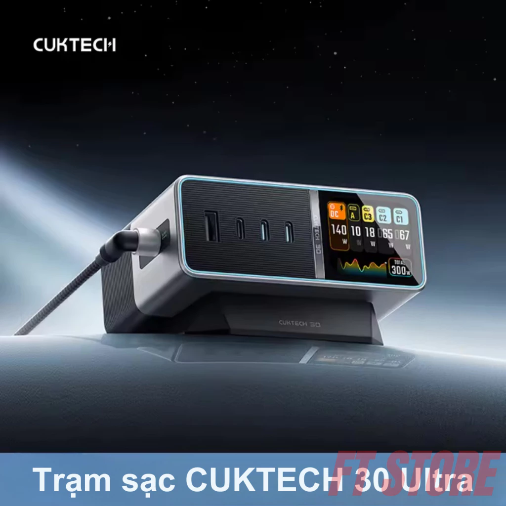 Trạm Sạc Cuktech 30 Ultra 300W TA3005U: Sạc Nhanh 5 Thiết Bị Có Màn Hình IPS