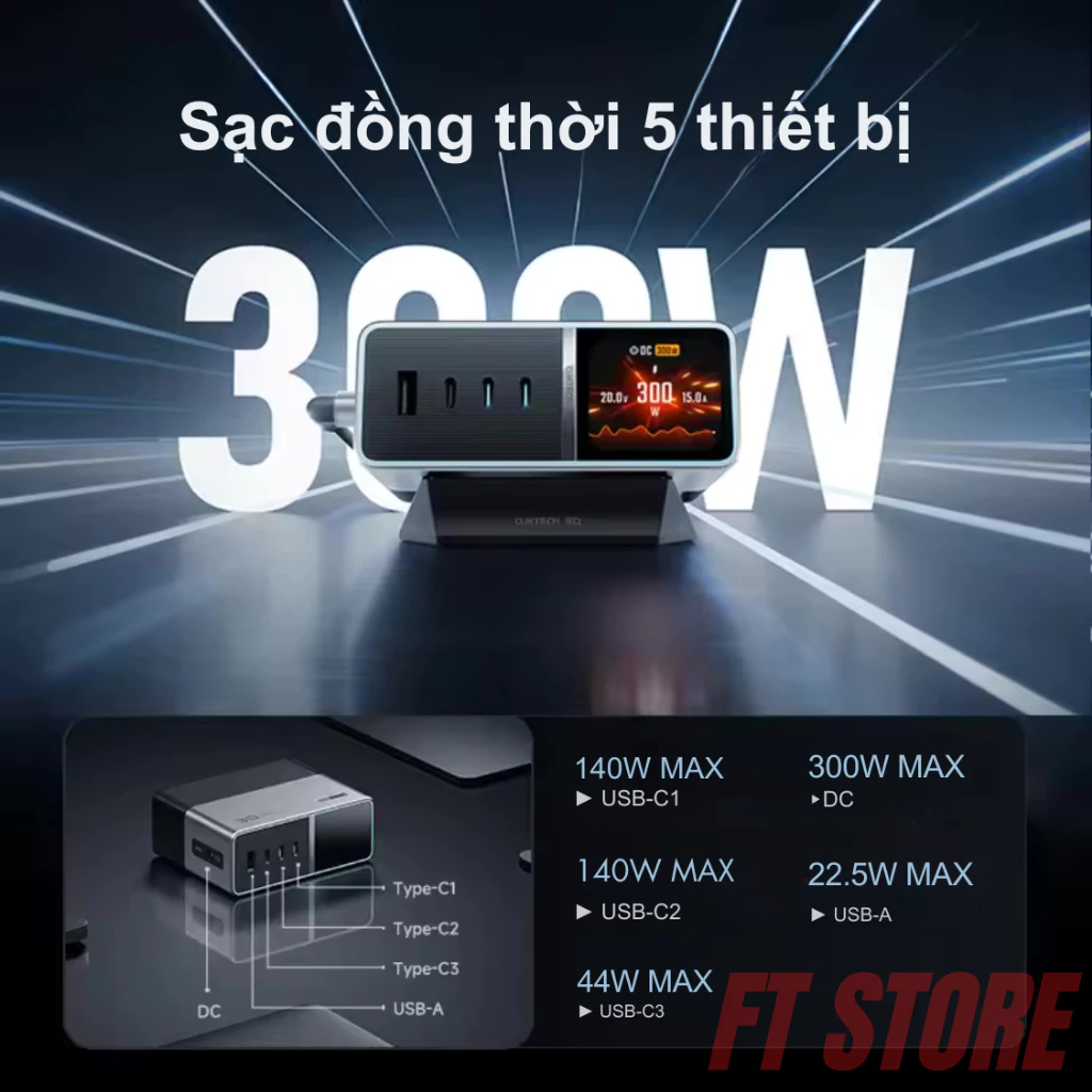Trạm Sạc Cuktech 30 Ultra 300W TA3005U: Sạc Nhanh 5 Thiết Bị Có Màn Hình IPS - Image 3