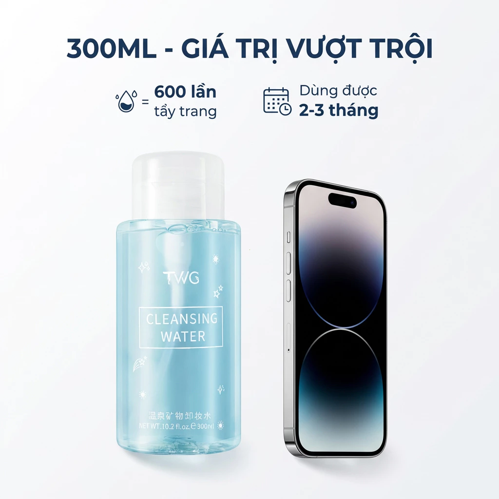 Nước tẩy trang TWG, làm sạch sâu da mặt, 300ml dạng vòi nhấn, phù hợp với hầu hết các loại da.